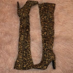 Leopard print thigh high boots